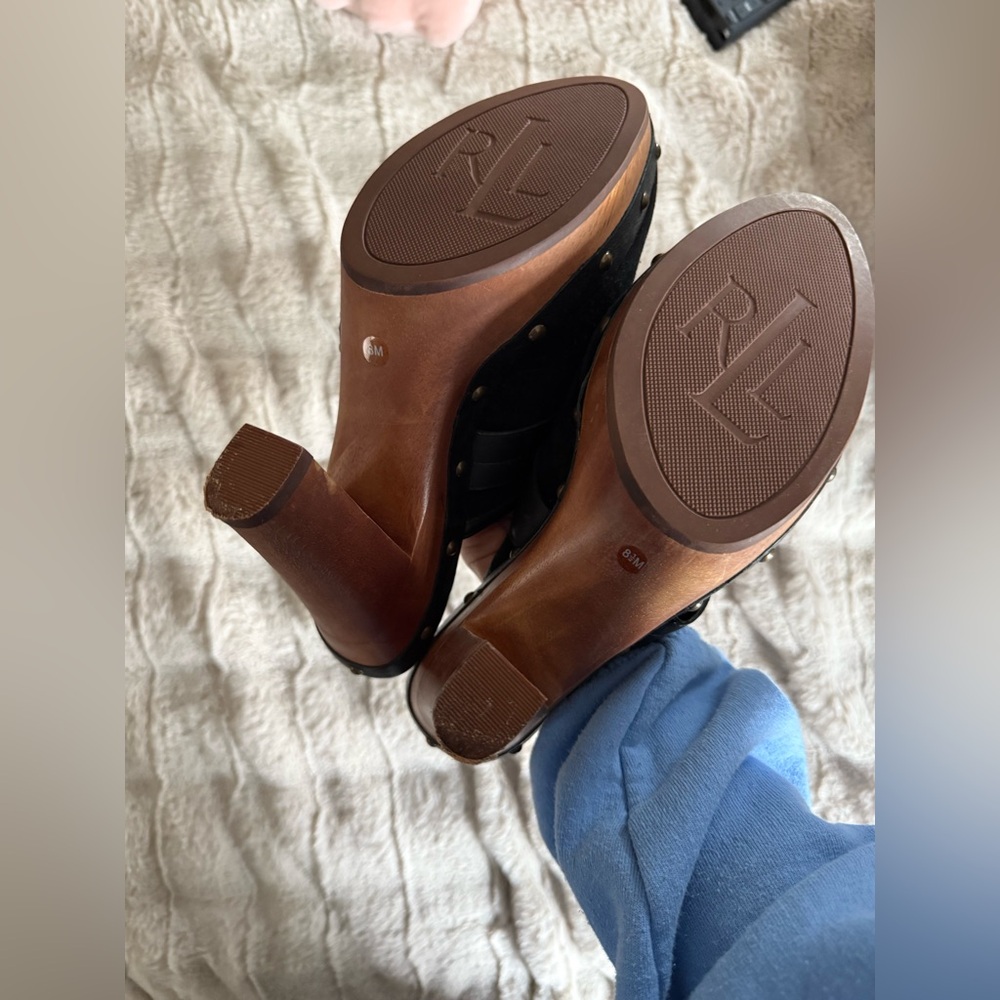 Ralph Lauren 8.5 Black Leather Clogs with Wooden Heel - Picture 2 of 2